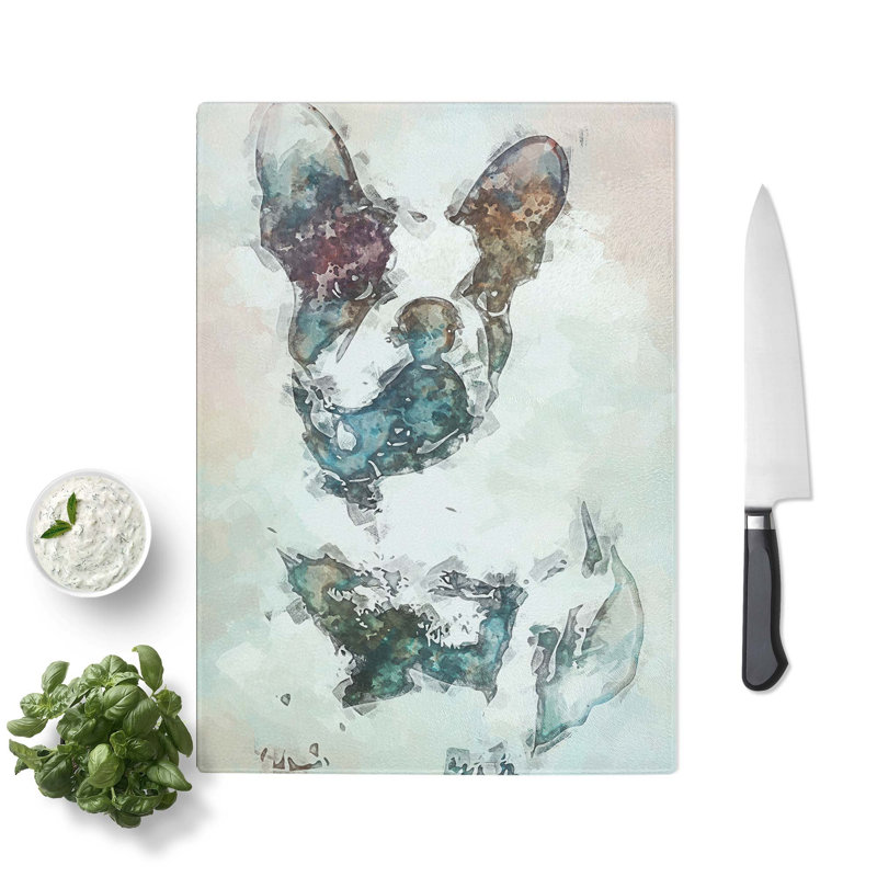 Glass French Bulldog Dog Stencil in Abstract Chopping Board, 39 cm W x 28.5 cm L