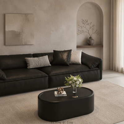 Table basse ovale de 85 cm (33,46 pouces) avec rangement dissimulé, plateau en verre trempé et revêtement en cuir haut de gamme, noire.