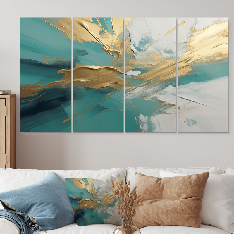 Golden Sunrise On Turquoise I - plage et océan, art mural 4 pièces, H 28 po x l 48 po
