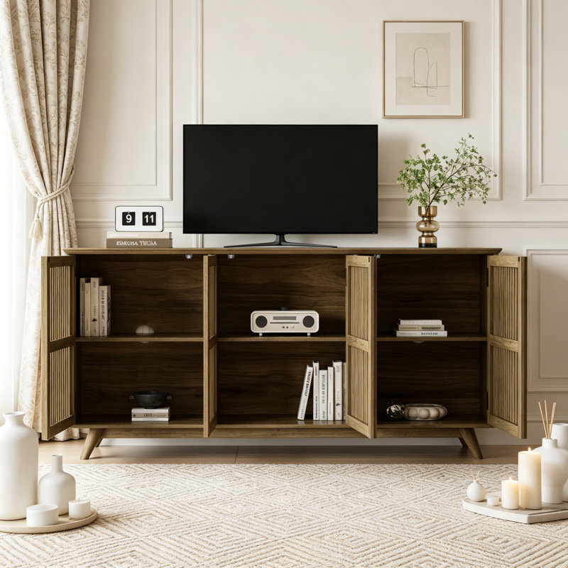  Meuble télé Mid-Century moderne en bois de pin massif sans nœuds, armoire de rangement avec porte sans poignée et tablette réglable pour le salon, la chambre à coucher et la cuisine