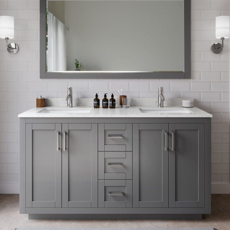 Ensemble de meuble-lavabo double 60 po avec plateau en marbre de culture Miranda, Marbre de culture de Carrare, Gris foncé