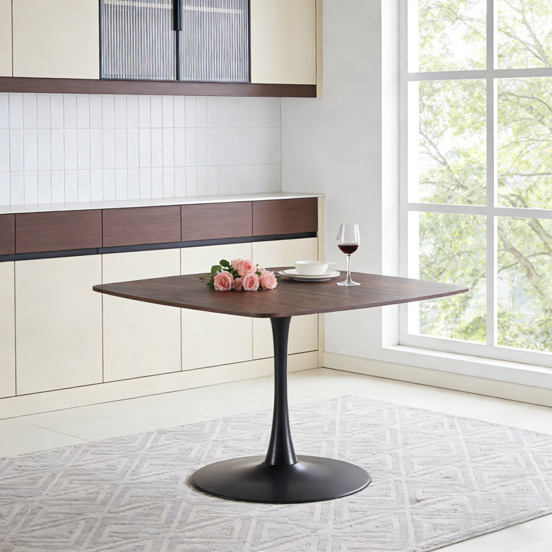 Table de salle à manger carrée avec base en piédestal en métal, H 28,93 po x L 42,12 po x l 42,12 po, Brun, Noir