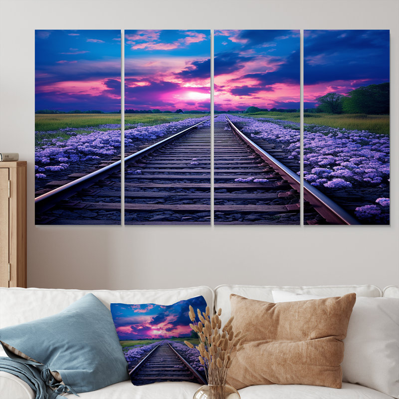 Lavande train voie fuchsia coucher de soleil II - train art mural 4 pièces, H 28 po x l 48 po