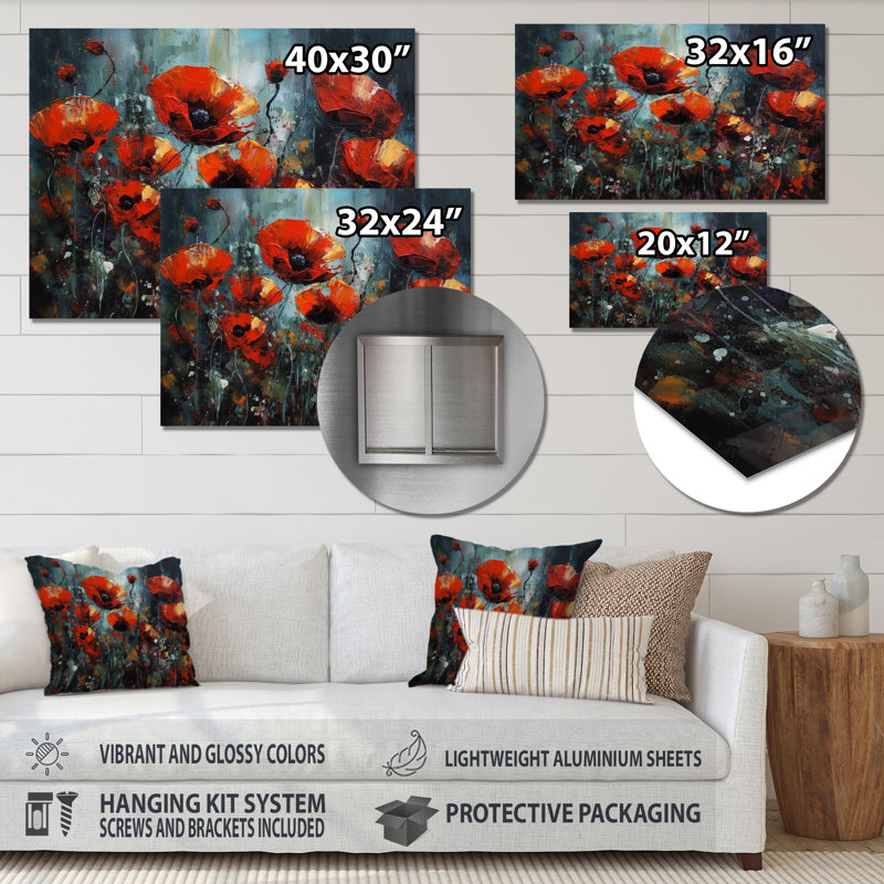 Pivoines rouges en fleurs sur impression métallique, H 12 po x l 20 po, Metal