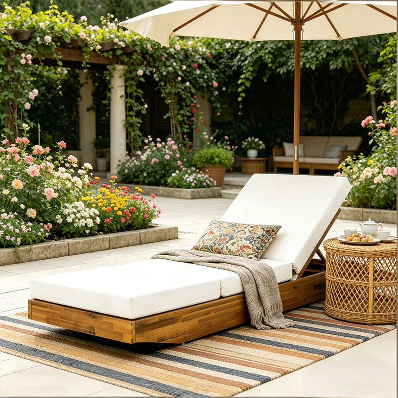 Acacia Wood Chaise Lounge with Cushion - Outdoor Recliner with 3-Fold Water-Repellent Cushion, 300lbs Capacity