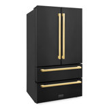 Zline 36 In. Autograph Edition 22.5 Cu. Ft 4-door French Door Refrigerator With Ice Maker In Black Stainless Steel With Polished Gold Square Handles