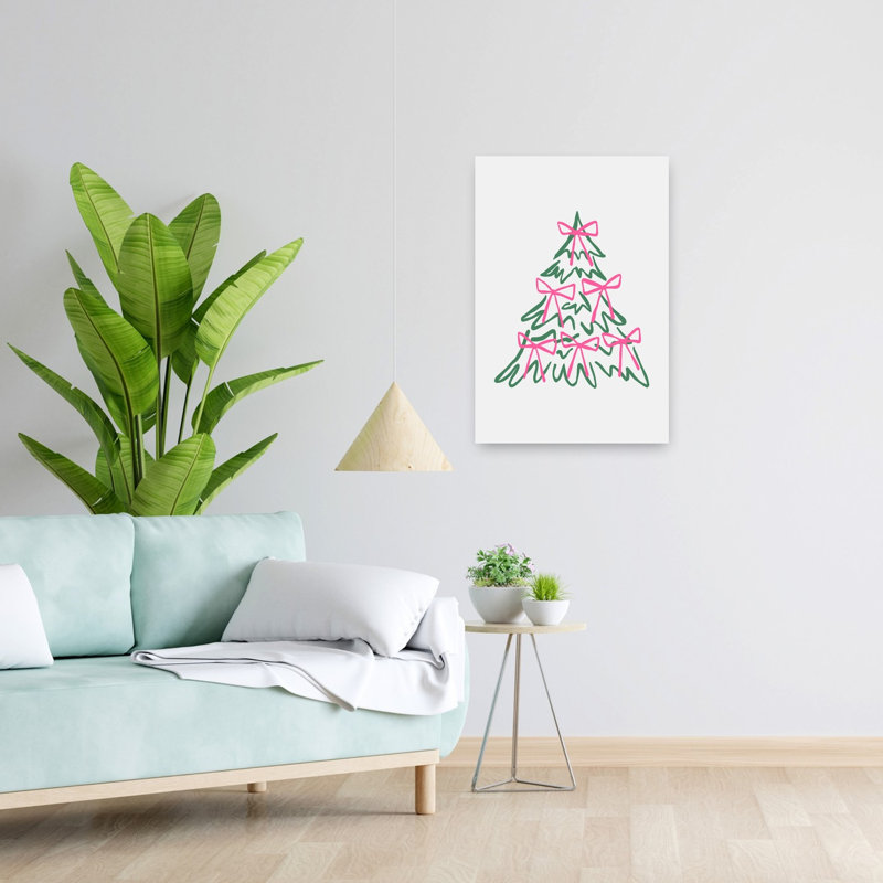 «Pink Bow Christmas Tree Abstract Contemporary Christmas Tree Winter Landscape», reproduction d'art mural, 24" H x 16" W