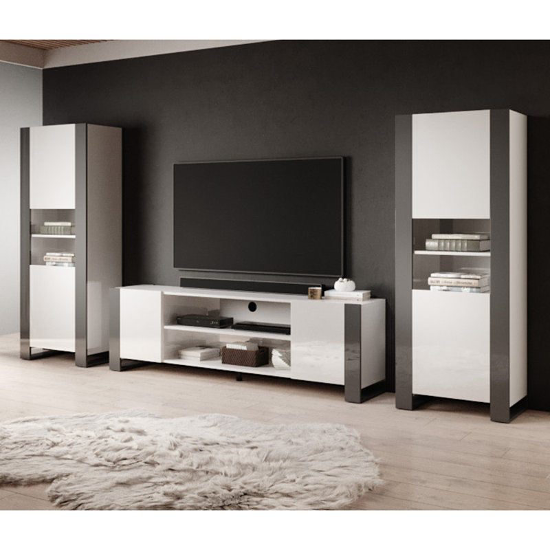 Puello 67.1" Modern Entertainment Centre with High Gloss Finish, White/Grey