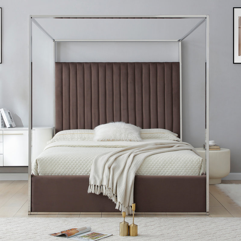 Jeffrey Canopy Velvet Upholstered Queen Bed Frame In Dark Brown, Queen, Dark Brown