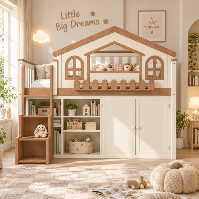Lit mezzanine enfant en forme de maison Benedict avec escalier de rangement, armoire et étagère ouverte, cadre de lit mezzanine en bois robuste avec rangement multifonctionnel et peu encombrant pour enfants