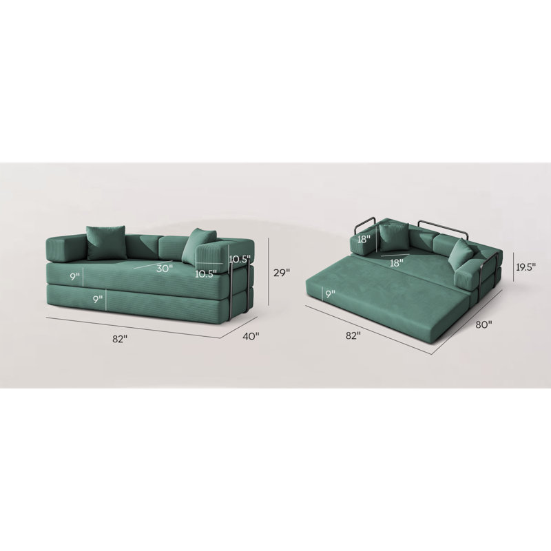 Space-saving Corduroy Sofas, Adjustable Green Foldable Couch For Living Room