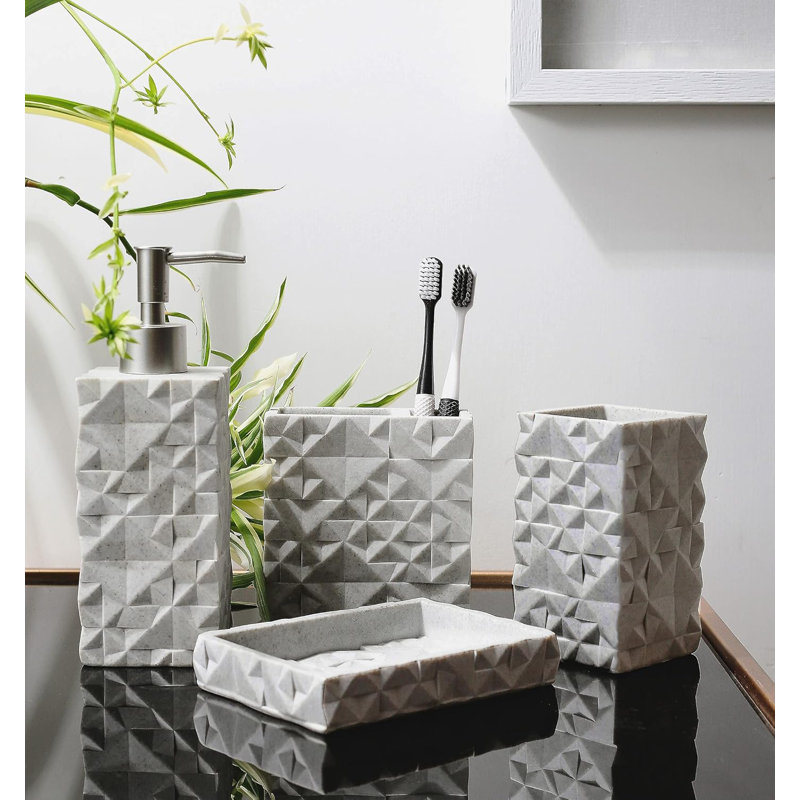Ensemble d'accessoires de salle de bain 4 pièces à motif de losanges gris