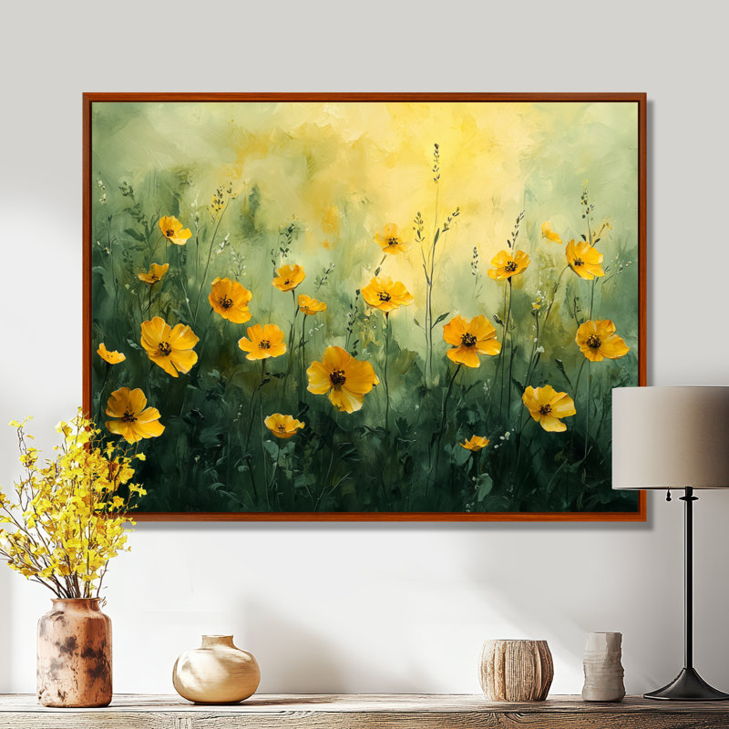 Montral fleurs dorées vertes verdâtres V - Art mural fleurs sauvages, H 12 po x l 20 po, Impression encadrée flottante, Brun