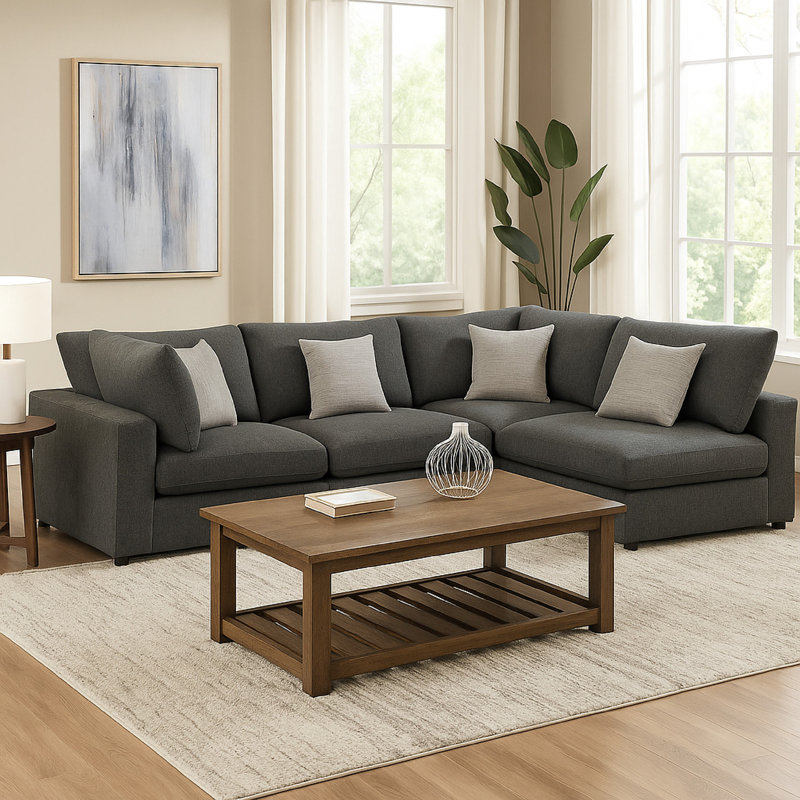 Serena 4Pc Modular Sectional Sofa, 4 Accent Pillows, Jacquard, Charcoal Gray Fabric/Linen Blend/Jacquard