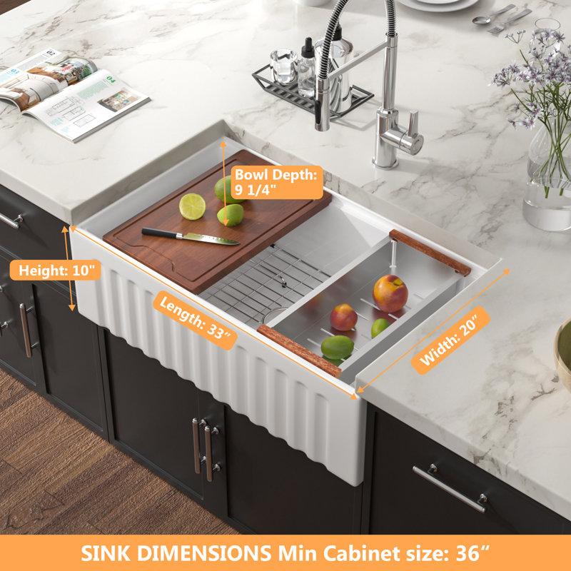 33"L x 20"W Workstation Ceramic Kitchen Sink Farmhouse Apron Single Bowl Kitchen Sink, Gold Strainer