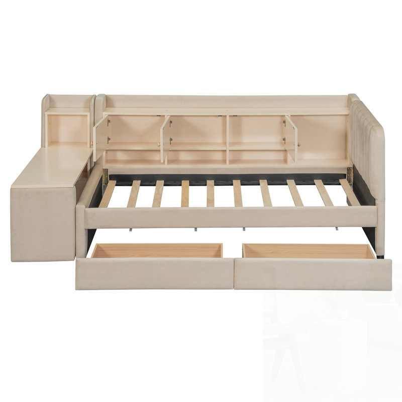 Lit de jour rembourré avec tiroirs, Beige