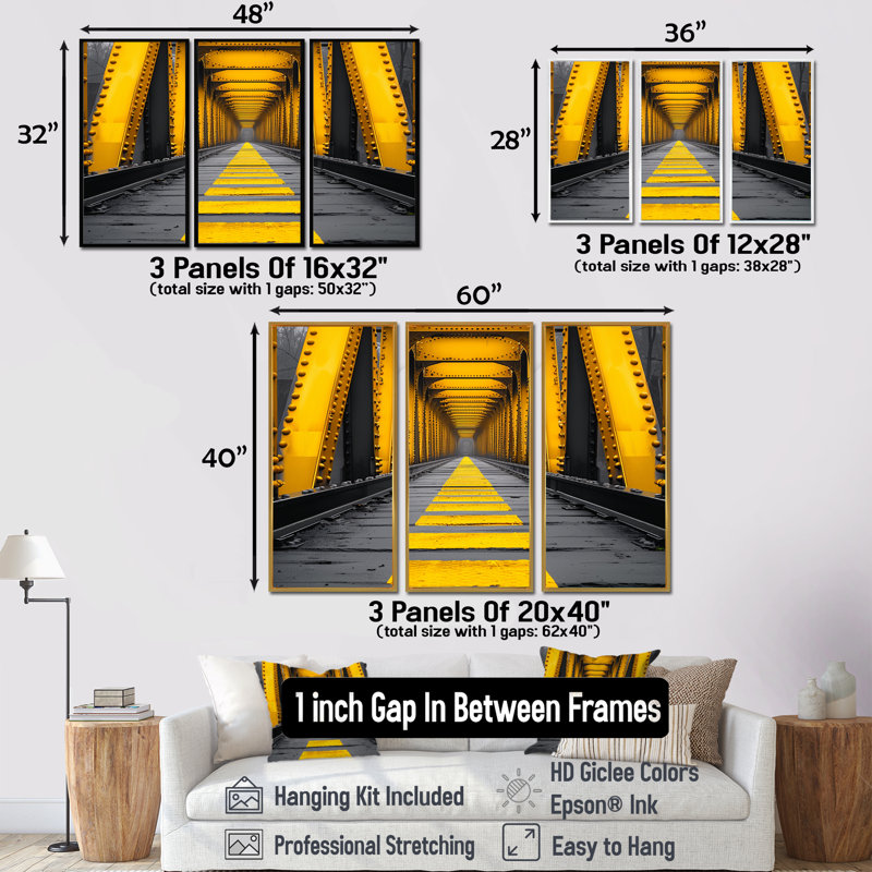 «Yellow Black Steel Symphony Bridge II» «Yellow Black Steel Symphony Bridge II» - 3 pièces, Cadre flottant brun