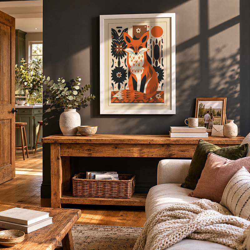 Folk Art Fox Scandinavian - Framed Print, A3 - 42.0 x 29.7 cm, White