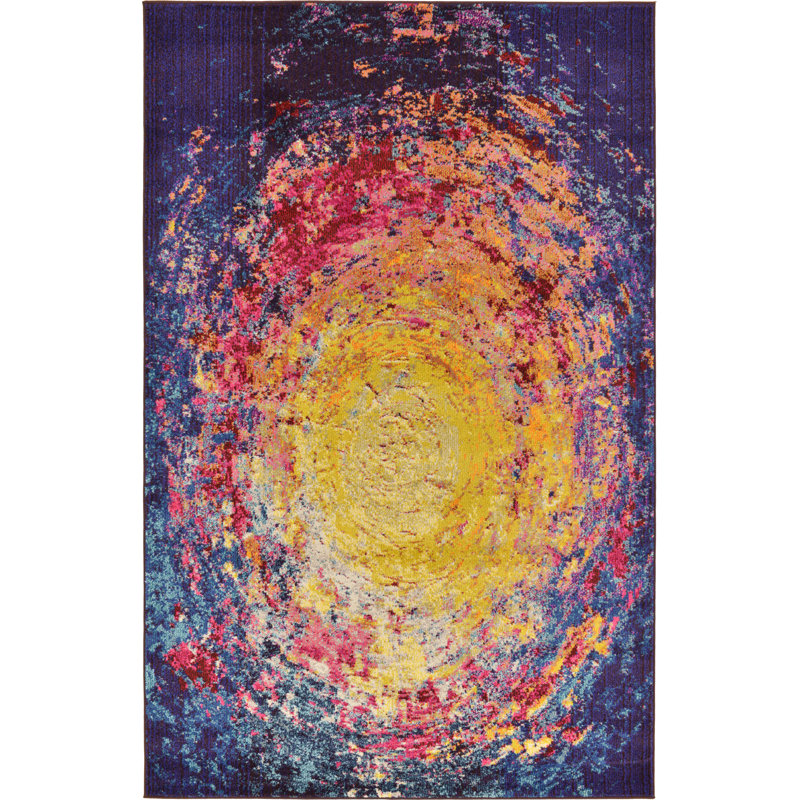 Tapis abstrait jaune / mauve Eddins, Rectangle 4 pi 1 po x 6 pi 1 po