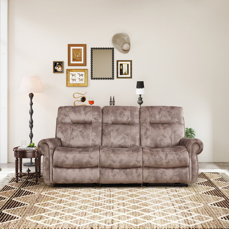 Canapé inclinable manuel en microfibre de 85,43 po de largeur avec leviers latéraux doubles et garniture cloutée