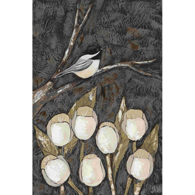 Mésange et tulipes I, H 18 po x l 12 po