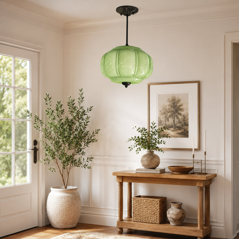 Suspension en verre vert citrouille de 35 cm avec ampoule E26 tricolore, Green