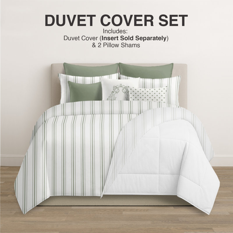 August Stripe Reversible Cotton Duvet Cover Set, Twin Duvet Cover + 2 Standard Shams, Sweet Grass