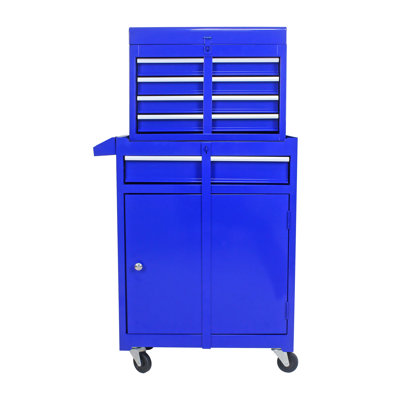 Metal Tool Box Organizer With Lockable Wheels & Detachable Top - Blue Rolling Cabinet Setting Hole