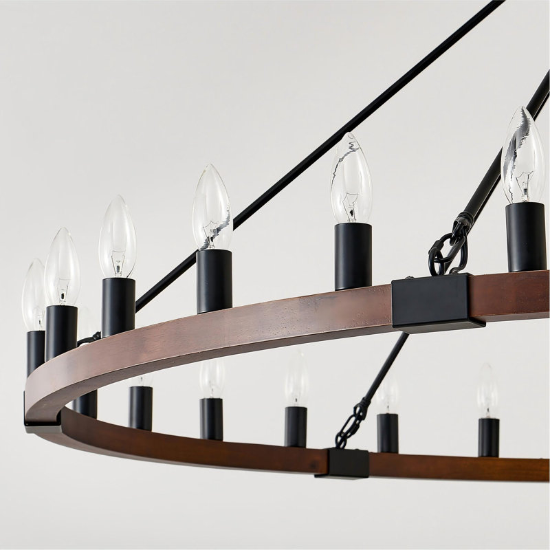 Lustre de ferme en bois de 99 cm (39 po) en forme de roue de chariot, noir mat, 25.4" H x 39.4" W x 39.4" D, 20 lumières