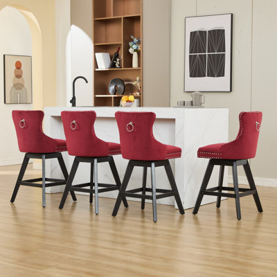 Tabourets de bar pivotants en velours avec décoration capitonnée à boutons et pieds en bois, garniture cloutée chromée, chaises de bar style loisirs, tabourets de bar, ensemble de 2