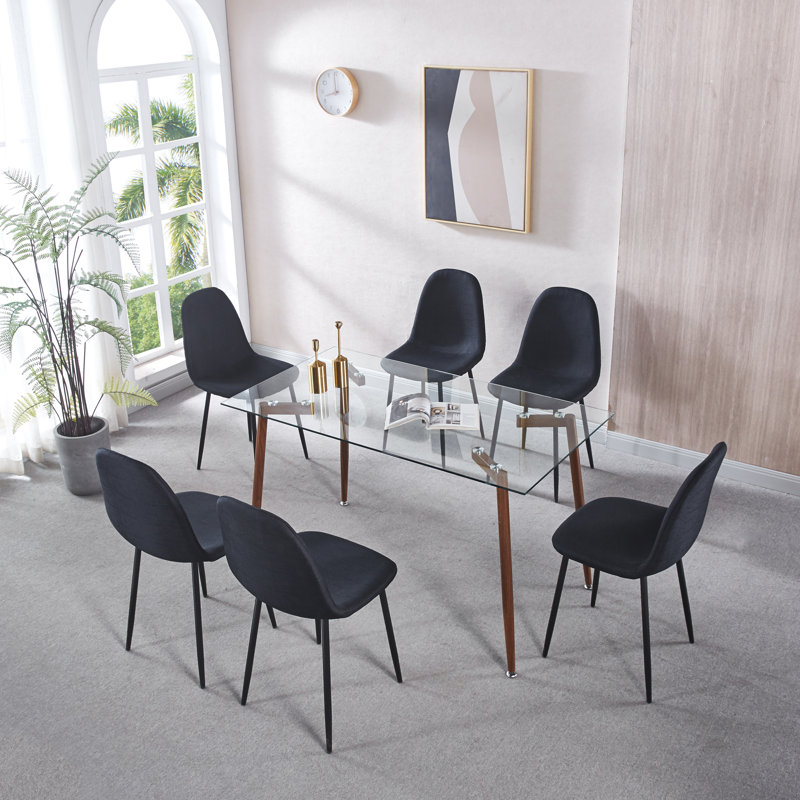 Kolina Glass Top Four Leg Dining Set, Wooden, Dark Gray, 7