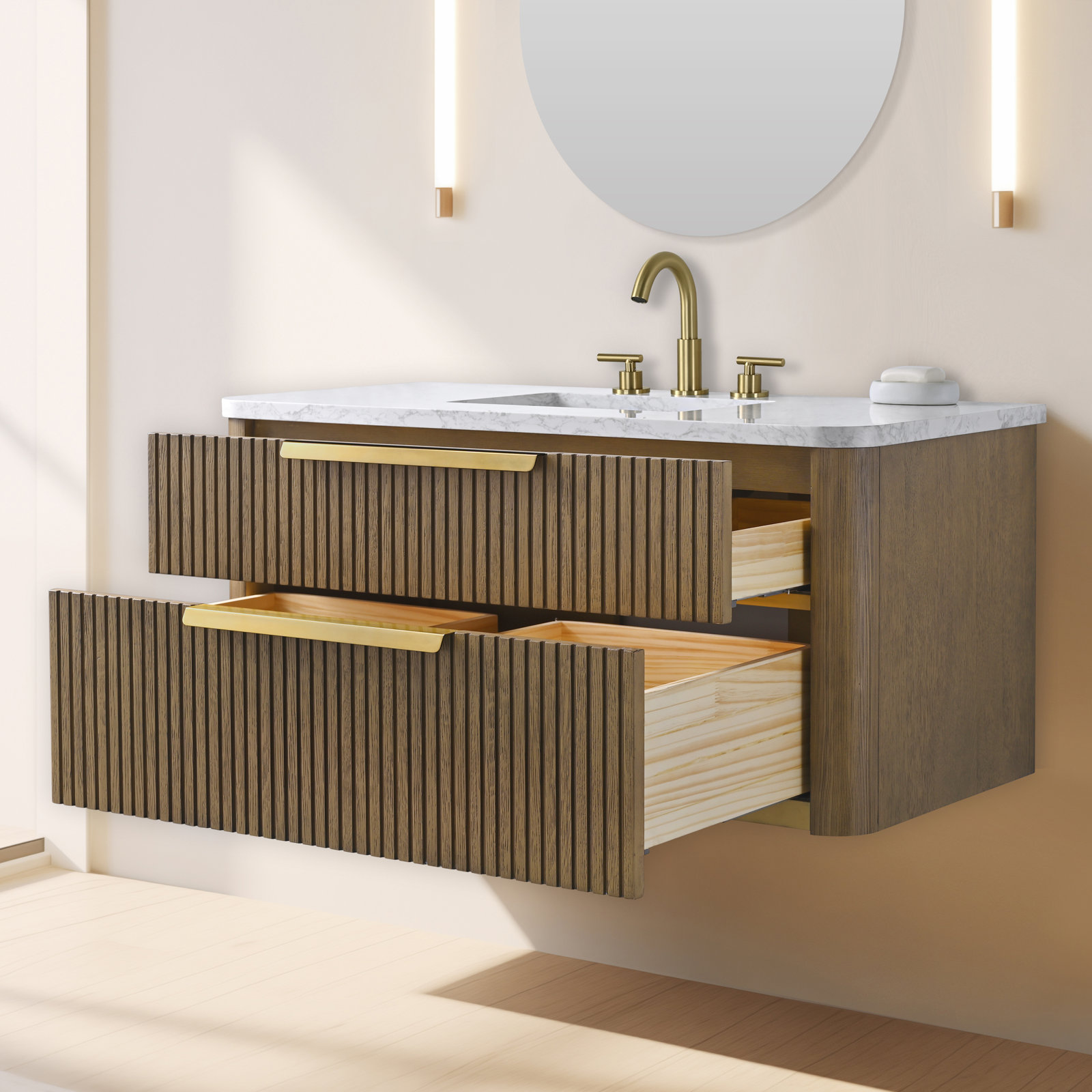 Liljan 42" Oak Single Bathroom Vanity, Aged Oak/Brushed Bronze