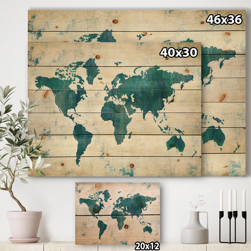 Découvrez la carte du monde en bleu - Impression traditionnelle sur bois de pin naturel, H 36 po x l 46 po x P 1,5 po