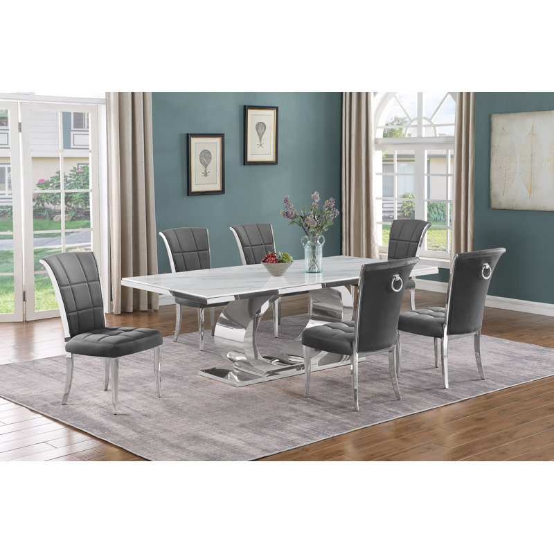 Kimako Marble Top Pedestal Dining Set, Gray/Silver, 7, Silver