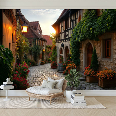 Peel and Stick Wallpaper 96" W x 69" H Modern Self Adhesive Wall Mural for Bedroom Cobblestone Village Street Golden Sunset Flower Filled Half Timber