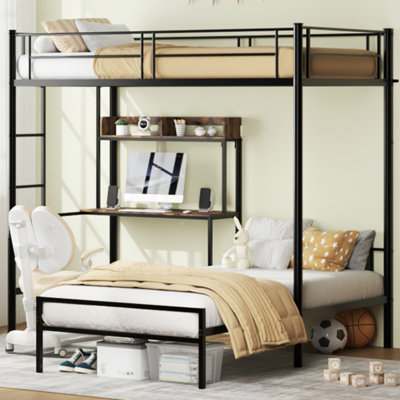 Twin Over Twin Bunk Bed With Desk, Charging Station, And Storage Shelves For Space-Saving And Multifunctional Use