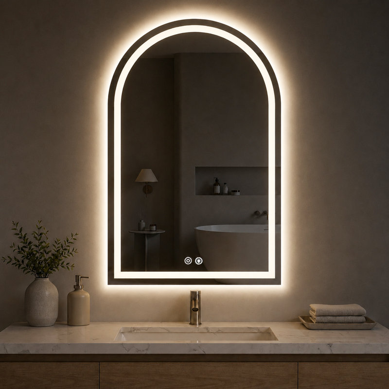 Miroir de salle de bain arqué à DEL avec anti-buée, à intensité variable et à 3 couleurs, 20 po x 28 po