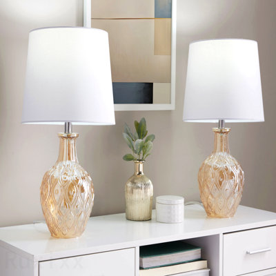 Lampe d'appoint ronde ronde en verre lustre champagne, métal chromé et lin blanc de 20 po de Grandview Gallery par Lumisource - ensemble de 2