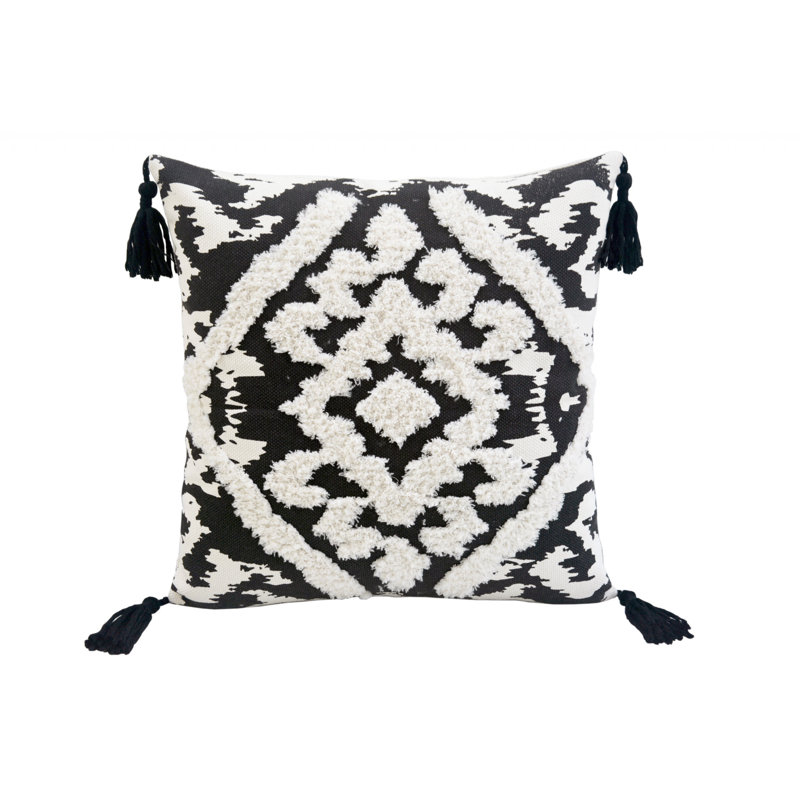 Coussin en coton et en damas avec fermeture à glissière et pompons, H 17 po x l 17 po, Noir / blanc, Carré