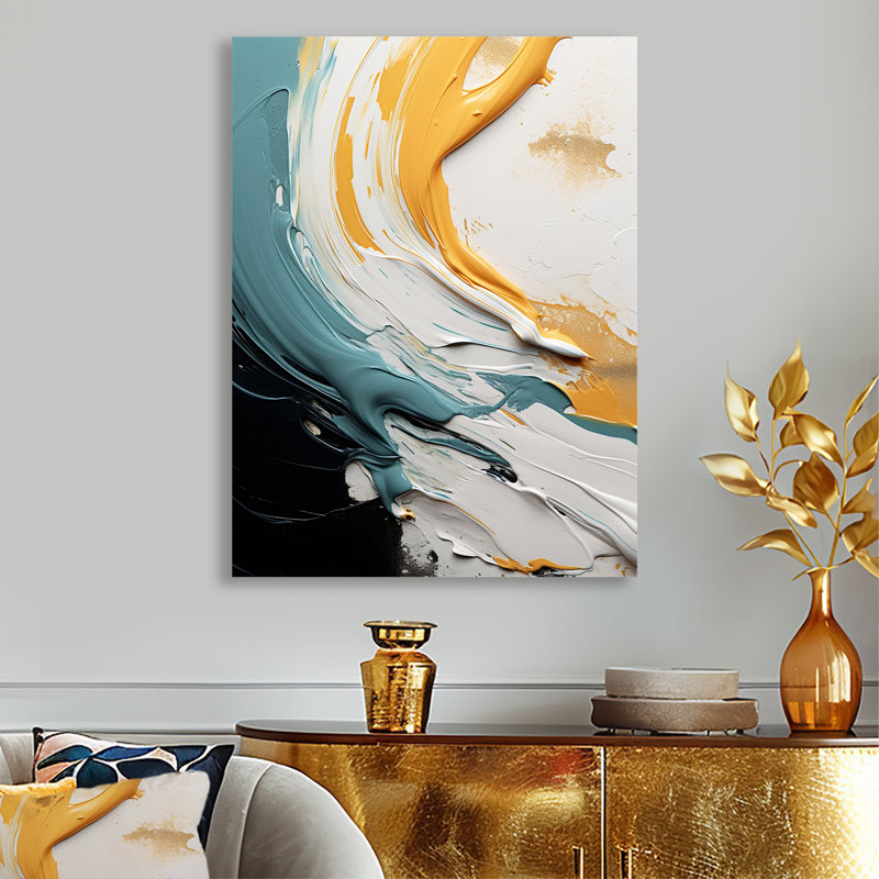 Éclaboussure jaune et une touche de bleu - art mural salon Vagues, Métal métal, H 20 po x l 12 po