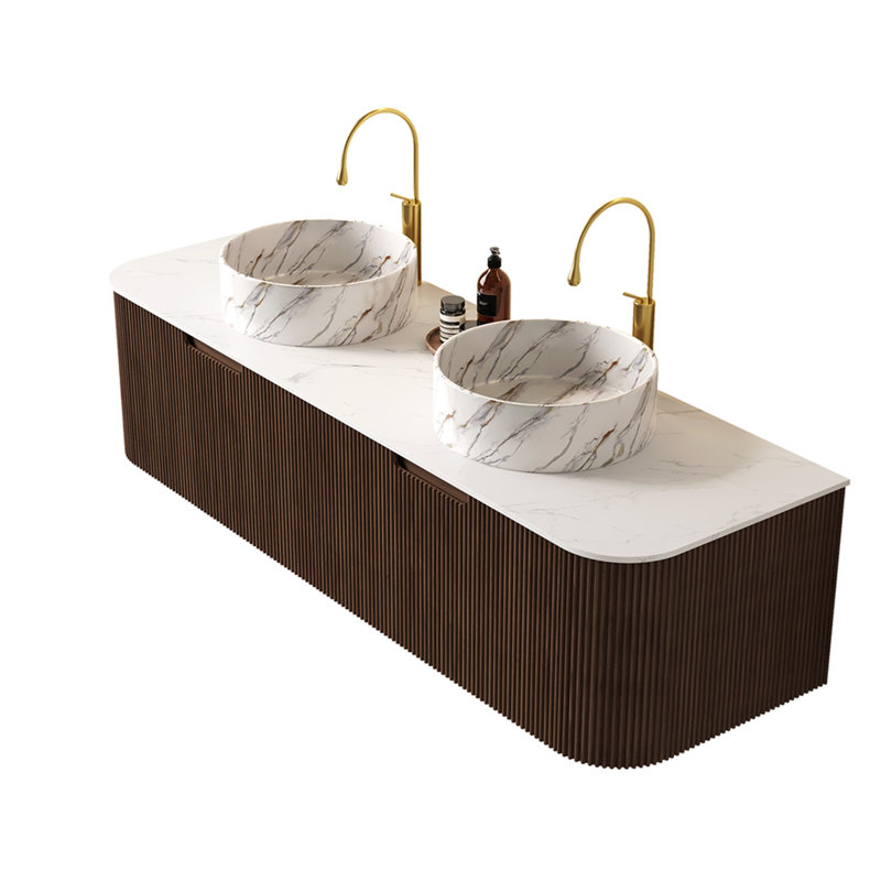 Ensemble de meuble-lavabo 60 po 60 po, meuble-lavabo rayé à bords arrondis avec 2 tiroirs, 2 lavabos ronds en céramique blanc et plateau en pierre frittée blanc de Carrare, pré-assemblé, grain de bois noyer foncé