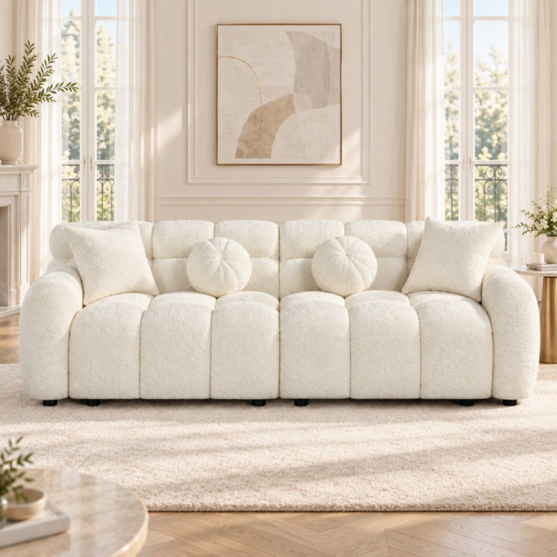 87.3" Plush Bubble Tufted Sofa for Living Room, Beige Polyester
