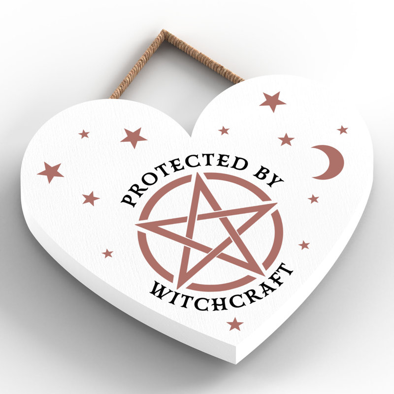Protected by Witchcraft Wooden Heart Plaque, 10cm H x 9cm W x 0.5cm D, White