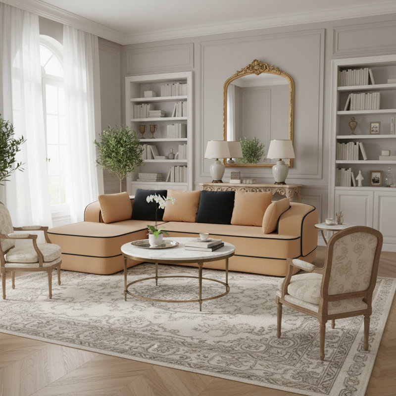 Ensemble de salon modulaire 2 pièces 106 po avec méridienne gauche et coussins, brun clair, sans assemblage, passepoil contrastant