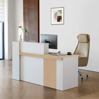 Bureau de réception moderne et ergonomique avec rangement ouvert et éclairage DEL