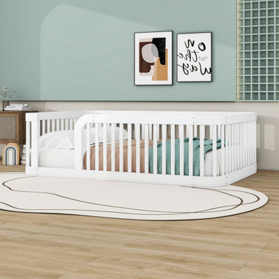Full Size Wooden Floor Bed With Unique Fence Guardrails