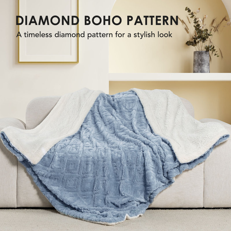 Jeté lesté jacquard Boho - Doux Sherpa, L 60 po x L 80 po, Lin bleu
