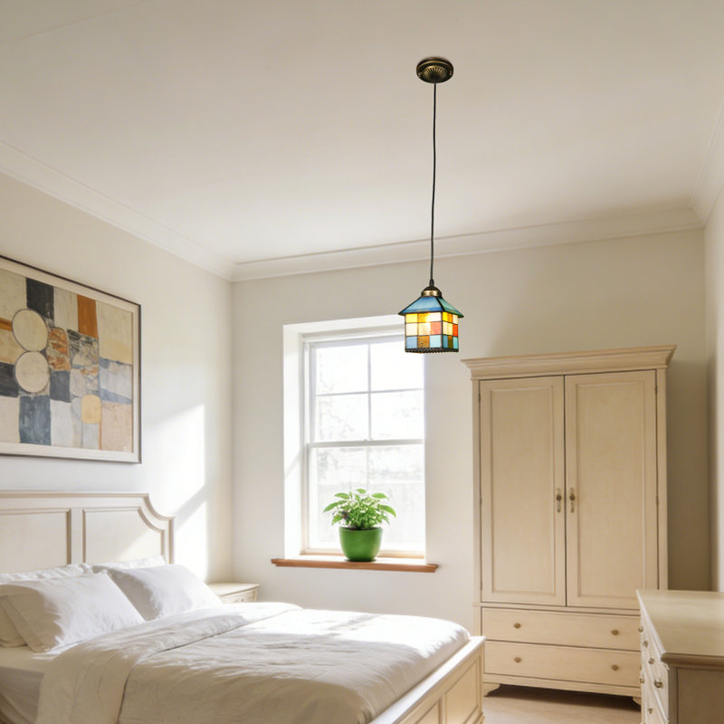Luminaire suspendu en verre teinté 1 lumière en forme de maison Tiffany
