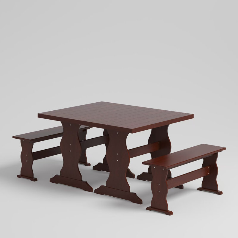 Classic Wooden Dining Table And Bench Set - Solid Wood, Mahogany Finish(Set Of 2), Red, Red