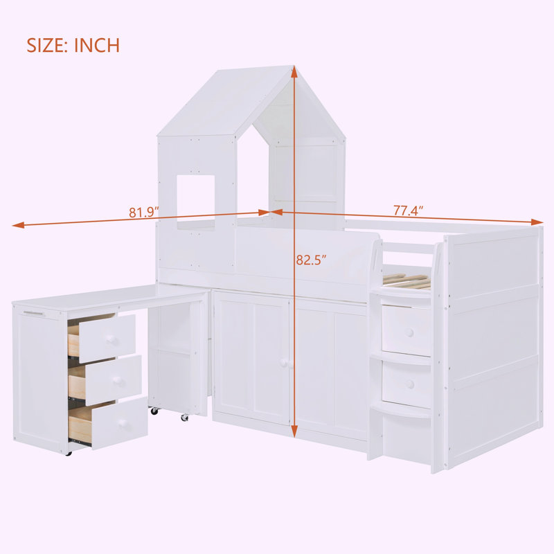 Lit mezzanine en bois pour une personne avec bureau, tiroirs et placards pour un espace de vie organisé et peu encombrant